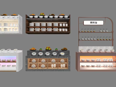 Stylish Display Cabinets and Shelves with Multiple Layers for Food Dishes and Condiments 3d model