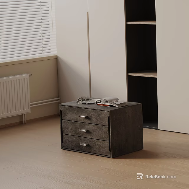 Sleek Modern Dark Nightstand With Three Drawers And Glasses And Books On Surface 3d model 