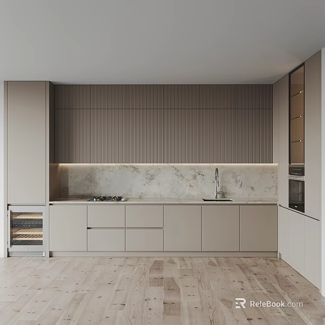 Modern Kitchen With Light Cabinets Marble Countertop Stove Sink Built In Oven And Wooden Flooring 3d model 