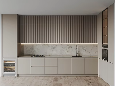 Modern Kitchen With Light Cabinets Marble Countertop Stove Sink Built In Oven And Wooden Flooring 3d model