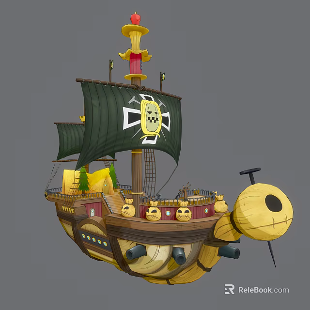 Vintage Wooden Ship With Black Sails White Cross Skull Emblem And Yellow Hull Cannon Ports 3d model 