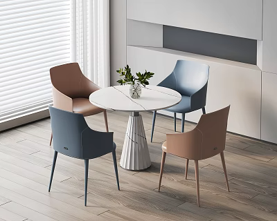 Modern Interior Round Table And Chair Set With White Marble Top Brown Blue Chairs 3d model