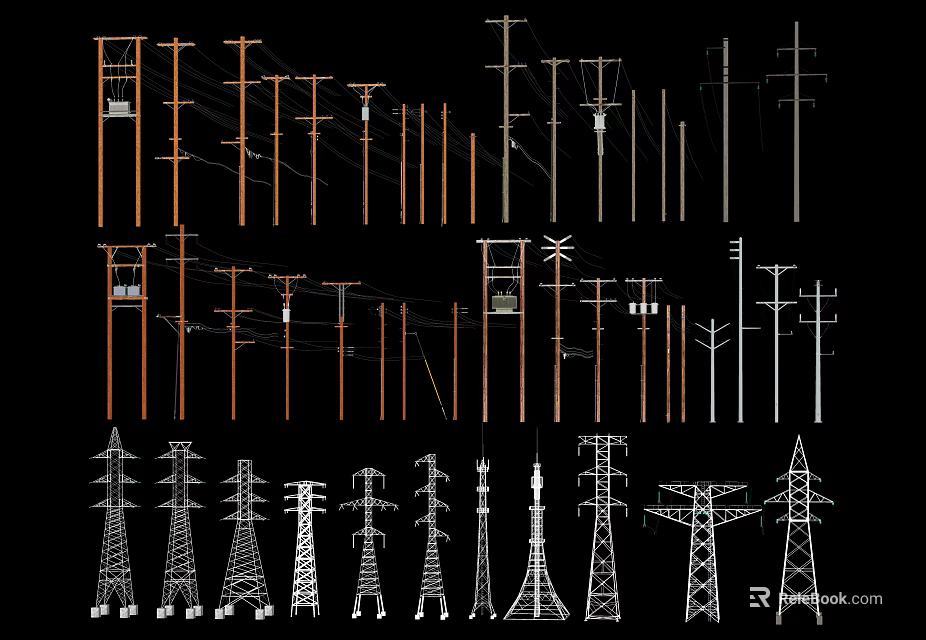 Road Infrastructure Featuring Different Types Of Electrical Utility Poles And Transmission Towers 3d model 