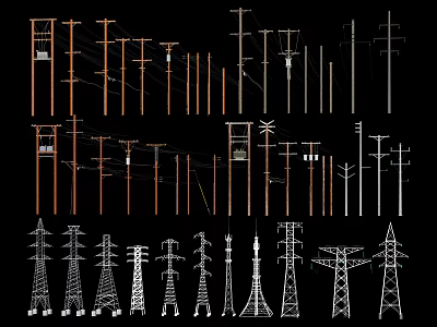 Road Infrastructure Featuring Different Types Of Electrical Utility Poles And Transmission Towers 3d model