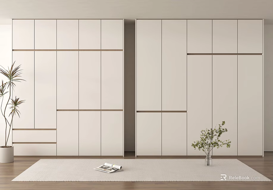 Modern Wardrobe Interior With Multiple Doors Drawers And Indoor Plants On Rug 3d model 