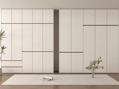 Modern Wardrobe Interior With Multiple Doors Drawers And Indoor Plants On Rug 3d model