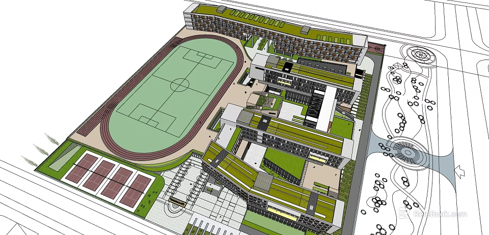 Campus Sports Complex Featuring Track Field Green Roof Buildings And Playground 3d model 