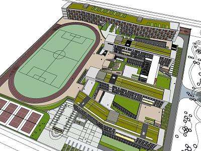 Campus Sports Complex Featuring Track Field Green Roof Buildings And Playground 3d model