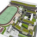 Campus Sports Complex Featuring Track Field Green Roof Buildings And Playground