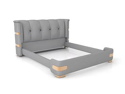 Modern Gray Upholstered Double Bed With Tufted Headboard And Gold Accent Legs 3d model