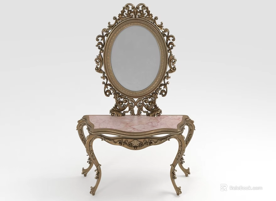 Classic Ornate Dressing Table With Oval Mirror And Pink Carved Tabletop 3d model 