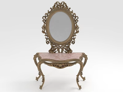 Classic Ornate Dressing Table With Oval Mirror And Pink Carved Tabletop 3d model