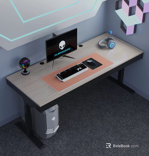 Modern Gaming Desk Setup With Alienware Monitor Keyboard Mouse Headset RGB Camera And Computer Case 3d model 