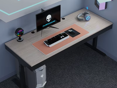 Modern Gaming Desk Setup With Alienware Monitor Keyboard Mouse Headset RGB Camera And Computer Case 3d model