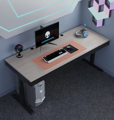 Modern Gaming Desk Setup With Alienware Monitor Keyboard Mouse Headset RGB Camera And Computer Case 3d model