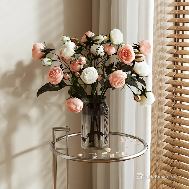 Pink And White Roses In Clear Glass Vase On Round Tabletop With Scattered Petals 3d model 