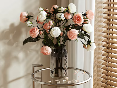 Pink And White Roses In Clear Glass Vase On Round Tabletop With Scattered Petals 3d model