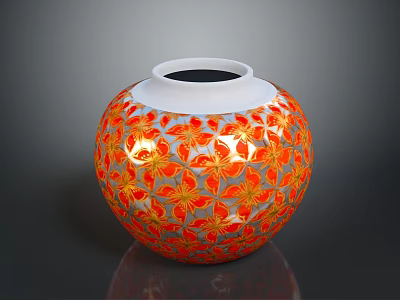 Elegant Sculpture Carving of Round Spherical Vase with Orange Red Floral Patterns and Glossy Finish 3d model