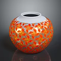 Elegant Sculpture Carving of Round Spherical Vase with Orange Red Floral Patterns and Glossy Finish
