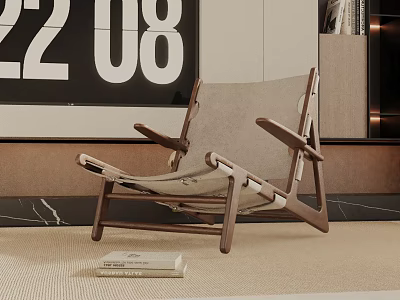 Contemporary Leisure Chair With Wooden Frame And Fabric Cushion On Neutral Toned Rug 3d model
