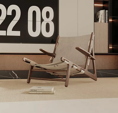 Contemporary Leisure Chair With Wooden Frame And Fabric Cushion On Neutral Toned Rug 3d model