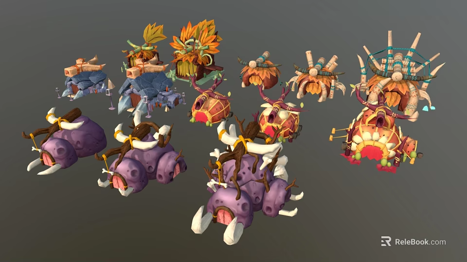 Various Fantasy Weapons With Bone Horns Floral Decor And Vibrant Colors 3d model 