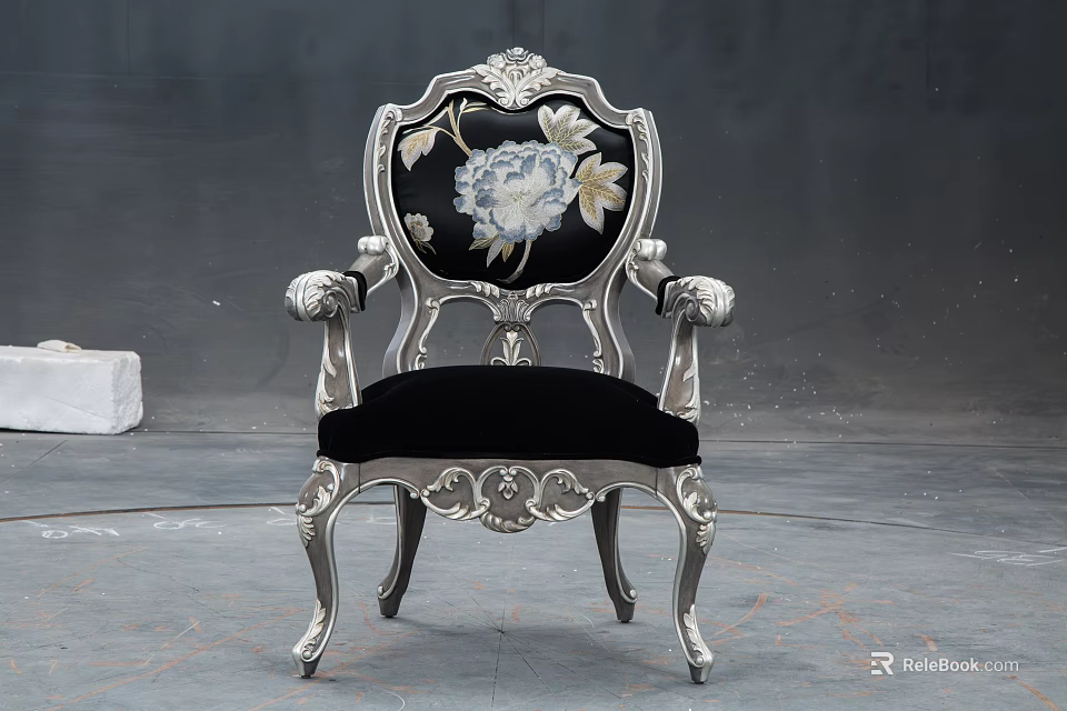 Antique Silver Carved Armchair With Black Velvet Seat And White Floral Backrest Design 3d model 
