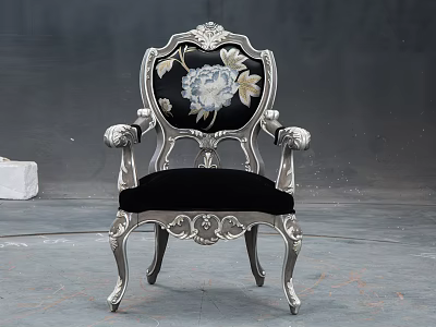 Antique Silver Carved Armchair With Black Velvet Seat And White Floral Backrest Design 3d model