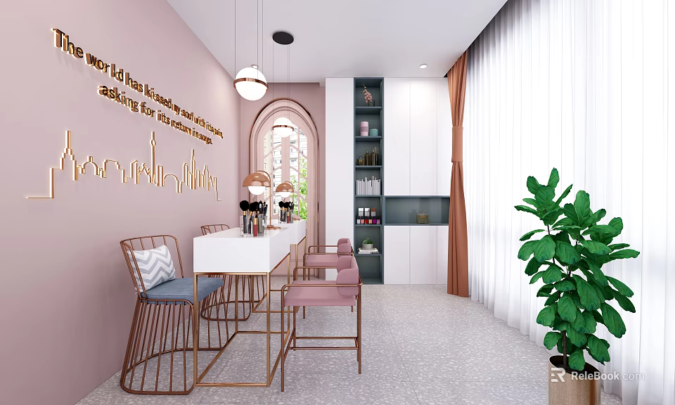 Beauty Hair Salon Interior With Pink Walls Golden Letters White Table And Green Plant 3d model 