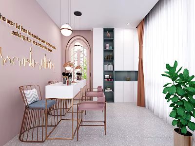 Beauty Hair Salon Interior With Pink Walls Golden Letters White Table And Green Plant 3d model