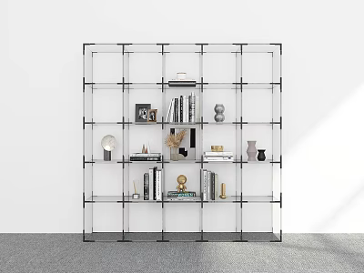 Modern Glass Shelving Unit with Black Frame Multiple Compartments Holding Books Decorative Vases and Sculptures 3d model