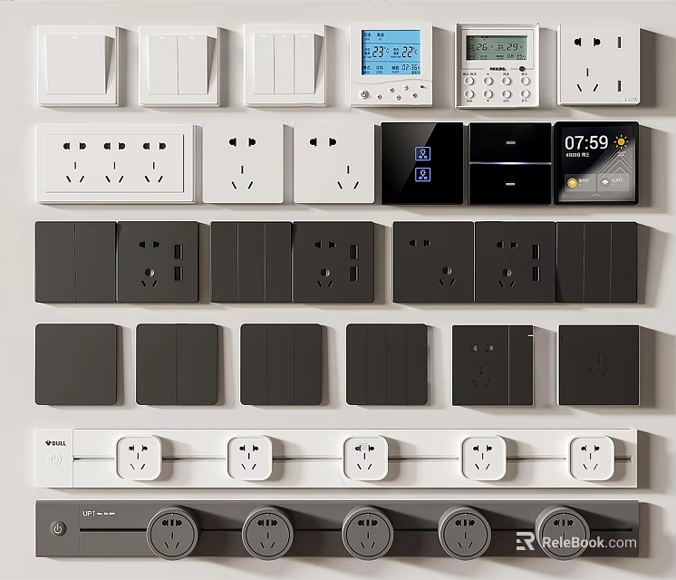 Modern Switch Panels In White Black With Socket Display And Multiple Designs 3d model 
