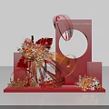 Creative Red Art Installation With Curved Structures Circular Frame And Floral Decorations On Geometric Base