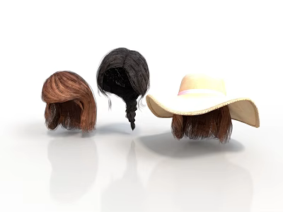 Three Different Colored Wigs and Wide Brim Straw Hat for Daily Use 3d model