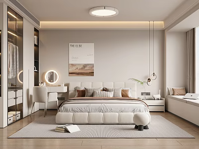 Modern Bedroom Interior Design Featuring White Bed Wardrobe Dressing Table Wall Art And Rug 3d model