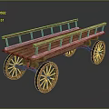Vintage Wooden Cart Featuring Railings and Spoked Wheels on Reflective Surface