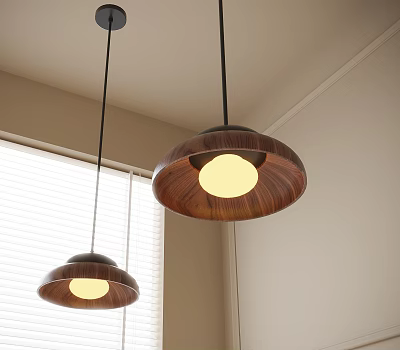 Wooden Round Shade Pendant Lights With Warm Yellow Glow Over Beige Wall And Window Blinds 3d model