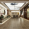 Traditional Teahouse Interior Design Featuring Circular Doorways Wooden Lattice And Wooden Tables Chairs