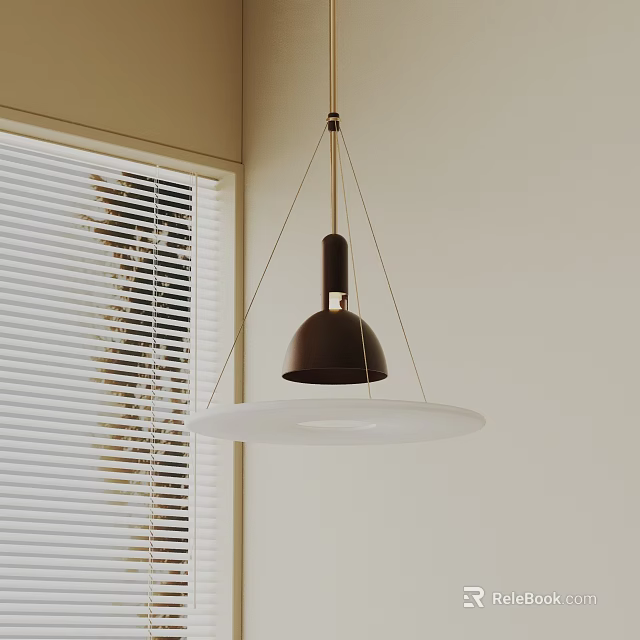 Modern Pendant Light With Brown Frame And White Shade Near Window With Blinds 3d model 