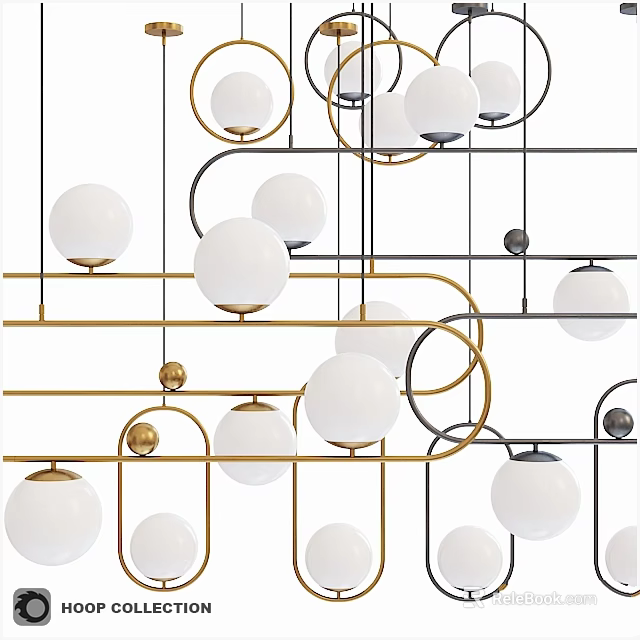 Modern Geometric Chandelier With White Globes And Gold Black Metal Frames 3d model 