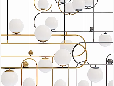 Modern Geometric Chandelier With White Globes And Gold Black Metal Frames 3d model