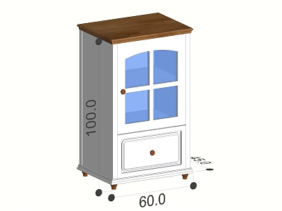 White Bookcase With Brown Wooden Top Glass Panel Doors Drawer And Wheels 3d model