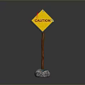 Yellow Diamond Caution Sign With Red Exclamation Mark And Brown Pole Stone Base