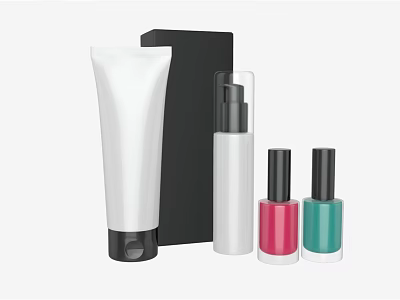 Cosmetic Products With White Lotion Tube Black Box Pump Bottle And Pink Green Nail Polish 3d model