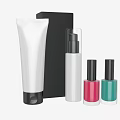Cosmetic Products With White Lotion Tube Black Box Pump Bottle And Pink Green Nail Polish