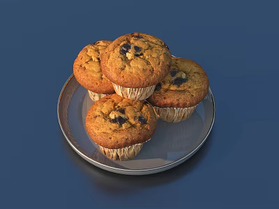 Four Fresh Baked Muffins on Silver Plate with Dark Dried Fruits on Deep Blue Background 3d model