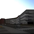 Modern Multi Level Office Building With Glass Facade Adjacent Red Brick Buildings Street Pedestrians Vehicles