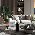 Modern Living Room Sofa Coffee Table Set With Throw Pillows Green Plant And Abstract Painting