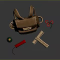 Brown Leather Backpack with Firecrackers Scrolls and Green Bottle on Dark Surface 3d model