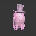 Pink Pig Stuffed Doll Wearing Black Top Hat On Dark Reflective Background Surface